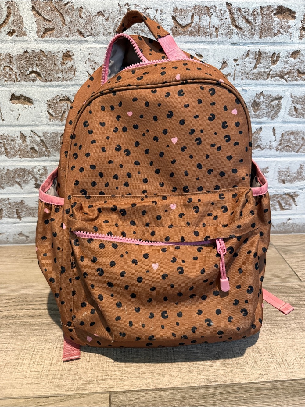 Crate&Barrel Brown Leopard Print Kids Backpack with Pink Accents